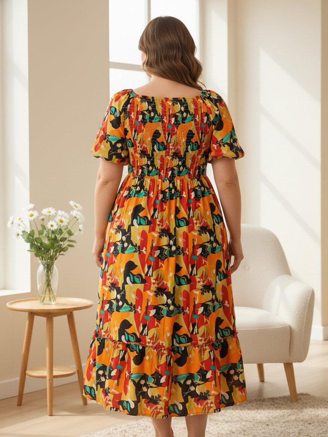 U&F Beyond Multicolor Abstract Print Puff Sleeve A-Line Midi Dress
