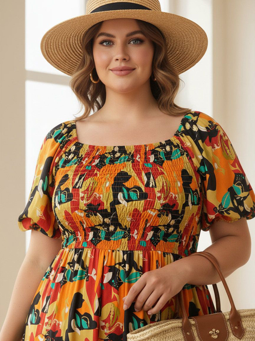 U&F Beyond Multicolor Abstract Print Puff Sleeve A-Line Midi Dress