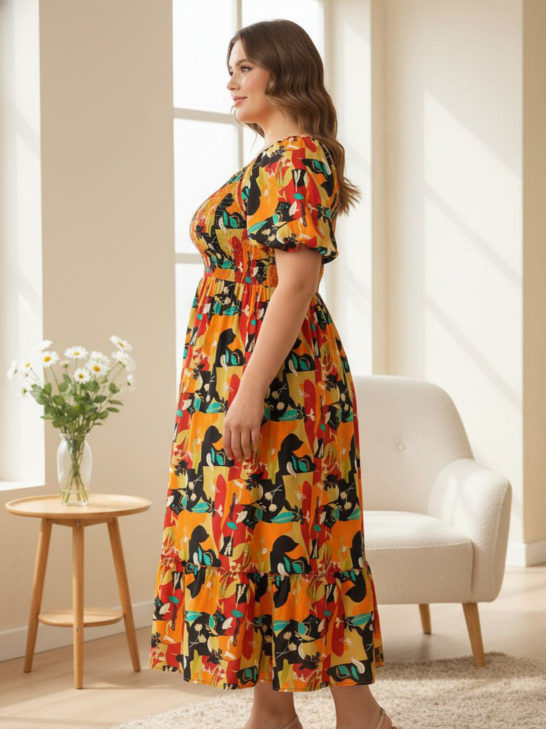 U&F Beyond Multicolor Abstract Print Puff Sleeve A-Line Midi Dress
