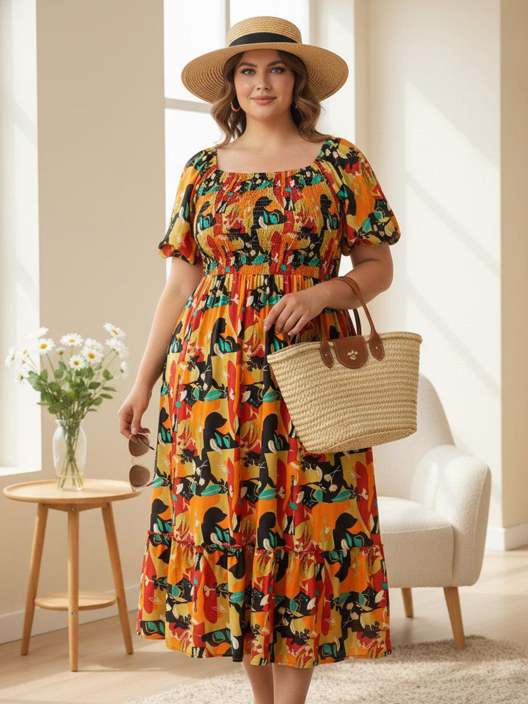 U&F Beyond Multicolor Abstract Print Puff Sleeve A-Line Midi Dress
