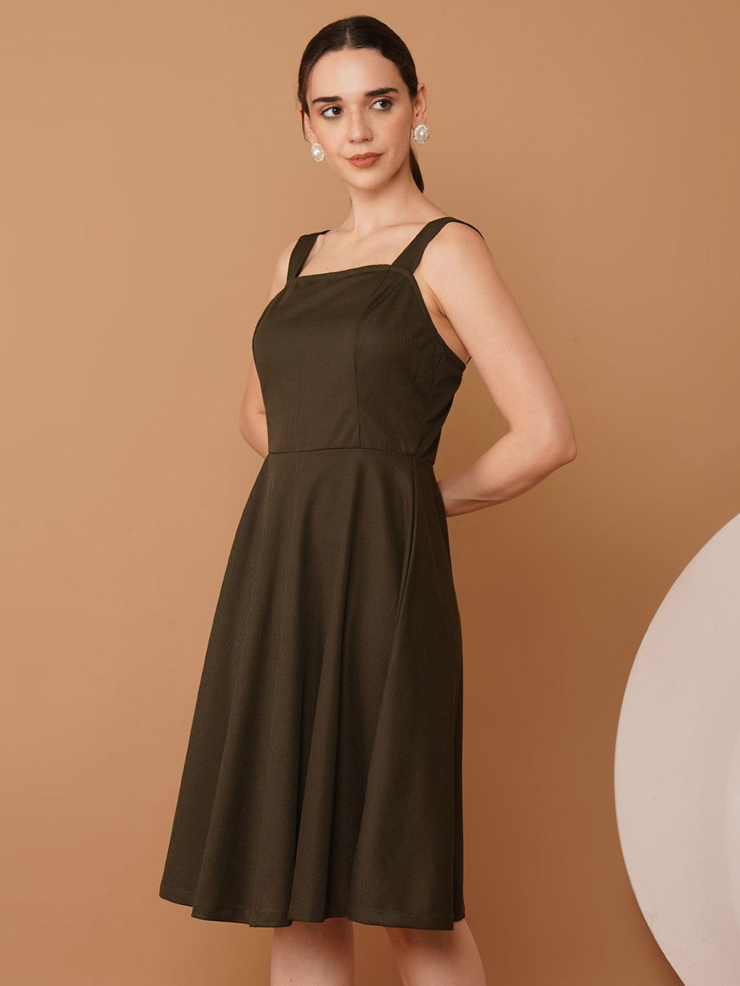 U&F Women Olive Green Scuba Pleated Fit & Flare Knee Length Dress