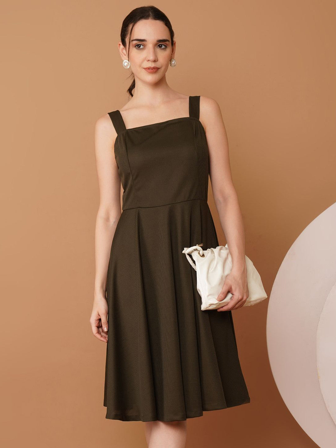 U&F Women Olive Green Scuba Pleated Fit & Flare Knee Length Dress