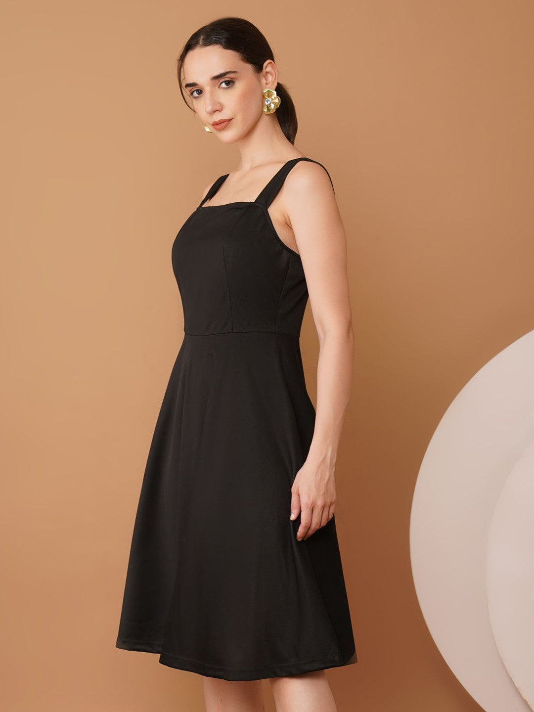 U&F Women Black Self Design Shoulder Straps Scuba Fit & Flare Dress