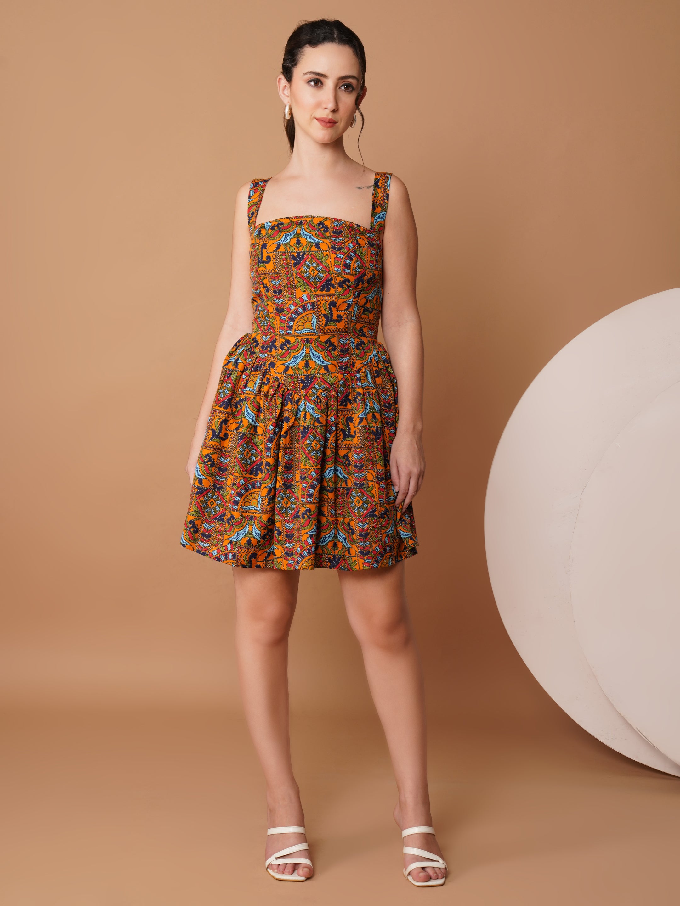 U&F Mustard Square Neck Printed Mini Dress