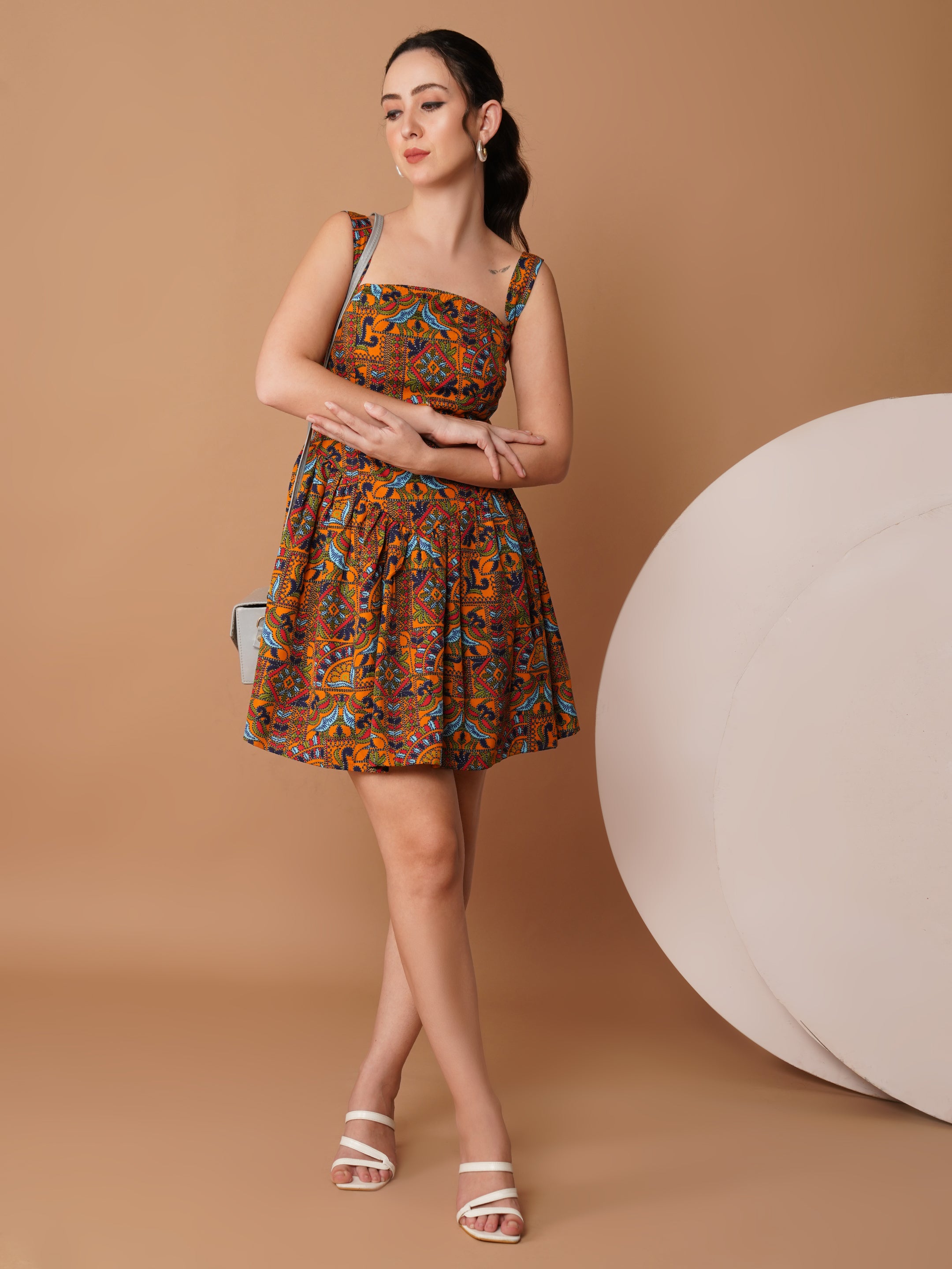 U&F Mustard Square Neck Printed Mini Dress