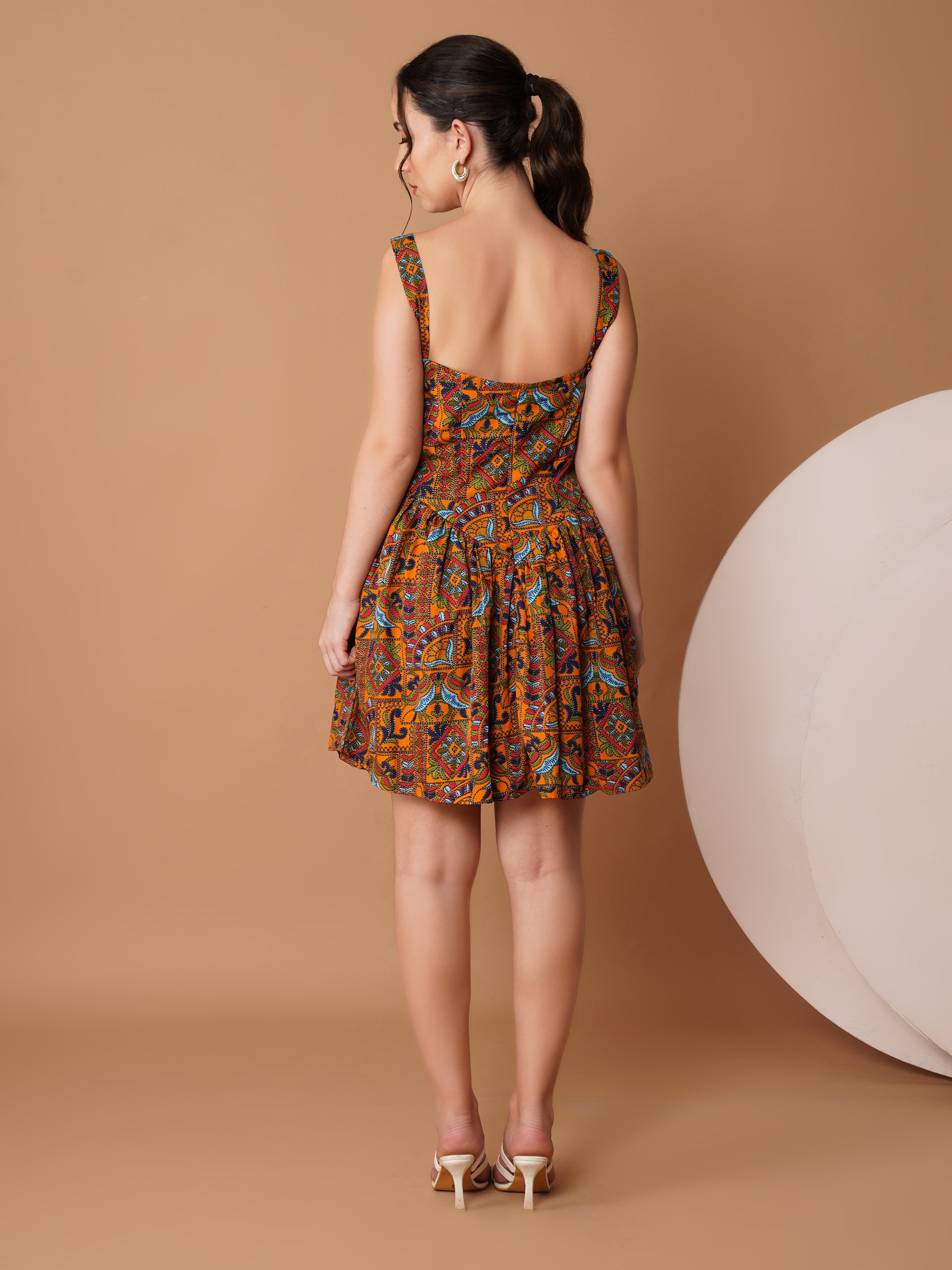 U&F Mustard Square Neck Printed Mini Dress