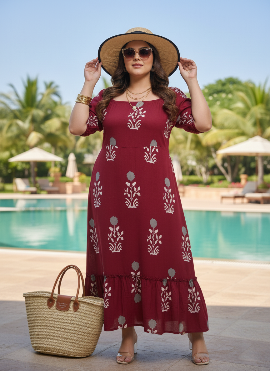 U&F Beyond Maroon Ethnic Printed Maxi Dress