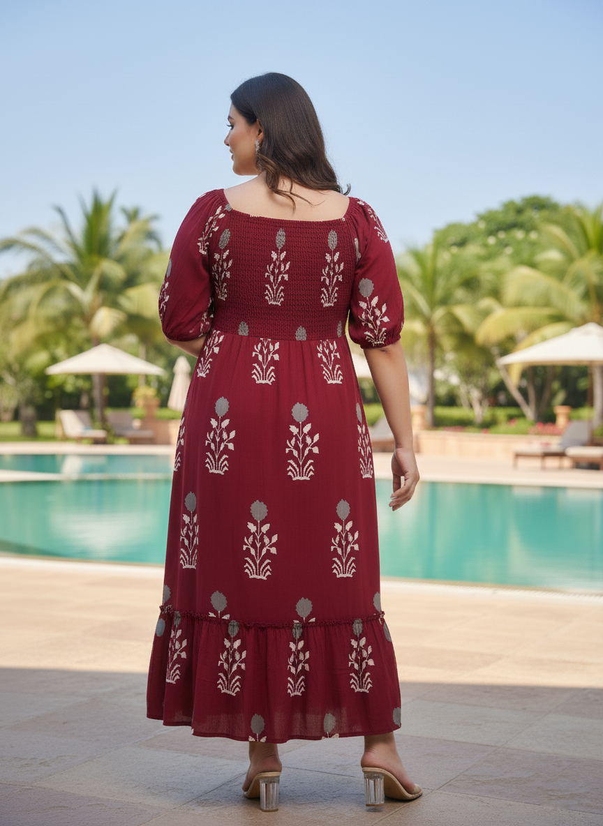 U&F Beyond Maroon Ethnic Printed Maxi Dress