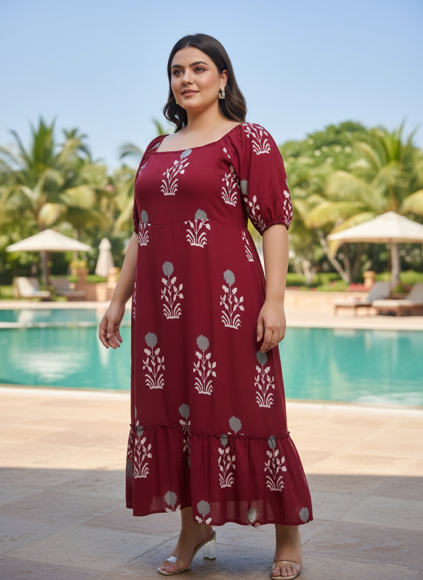 U&F Beyond Maroon Ethnic Printed Maxi Dress