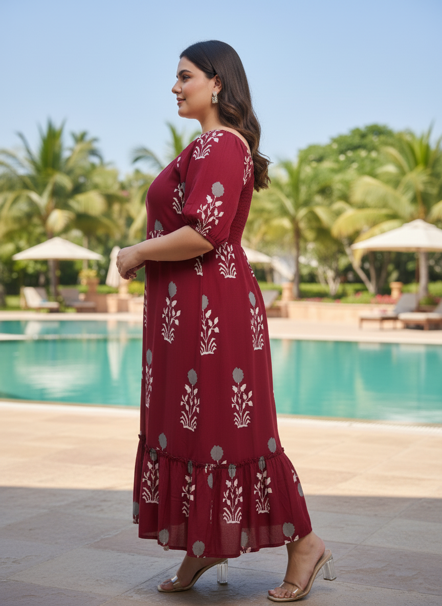 U&F Beyond Maroon Ethnic Printed Maxi Dress