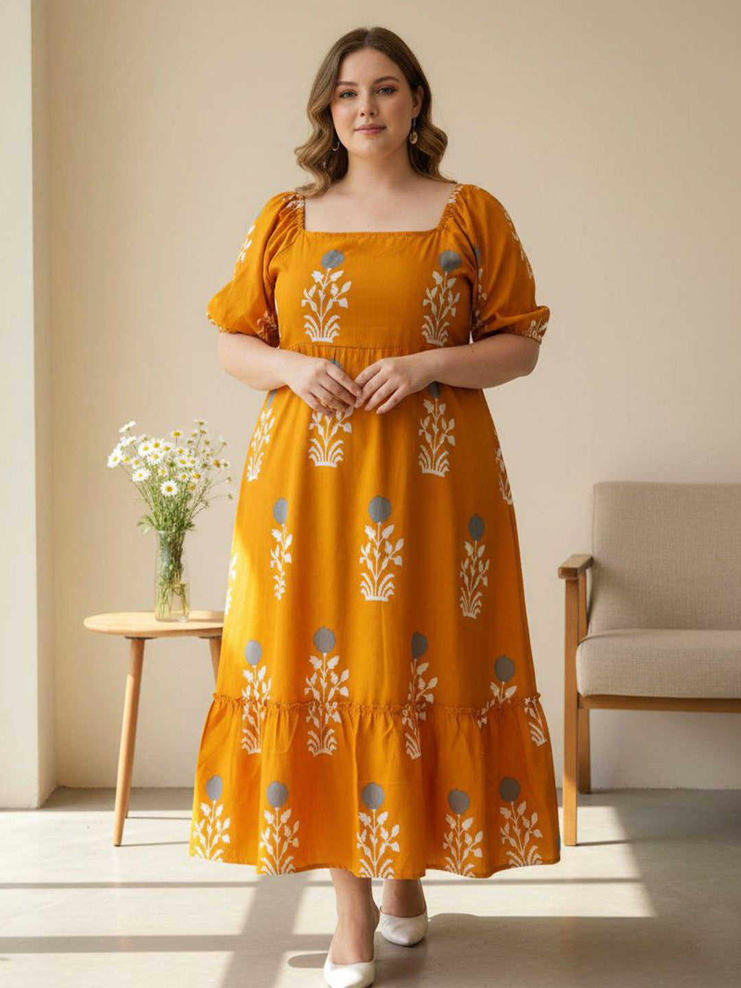 U&F Beyond Mustard Yellow Floral Tiered Midi Dress