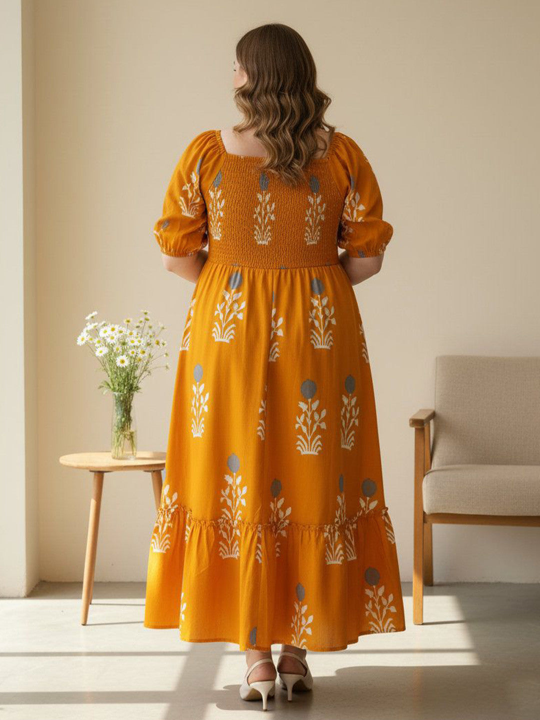 U&F Beyond Mustard Yellow Floral Tiered Midi Dress