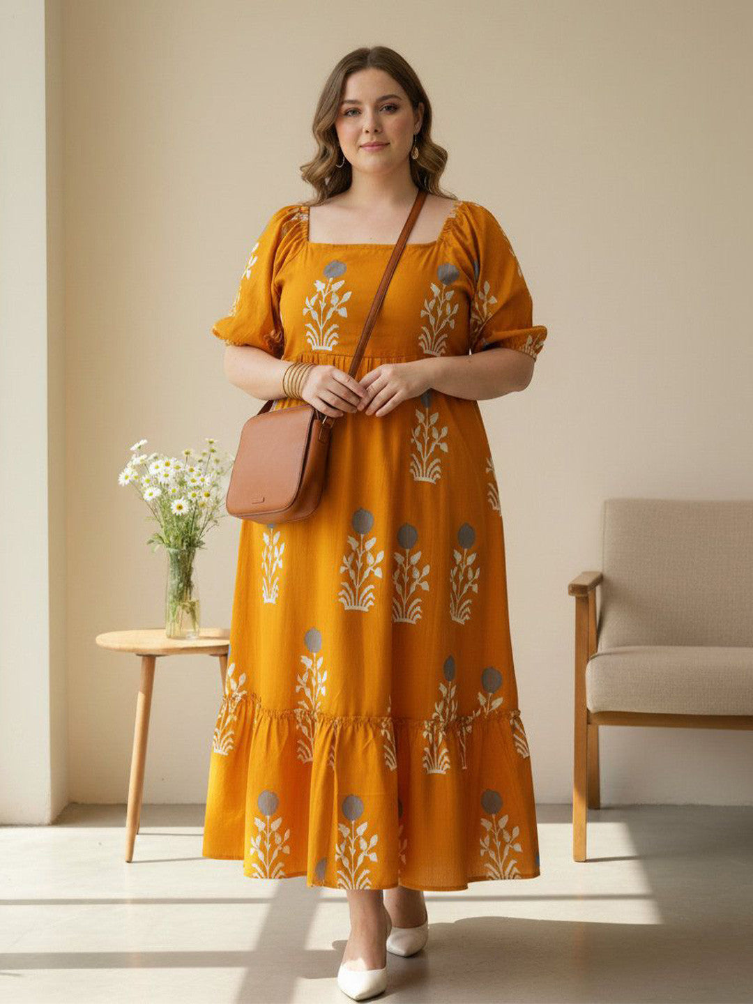 U&F Beyond Mustard Yellow Floral Tiered Midi Dress