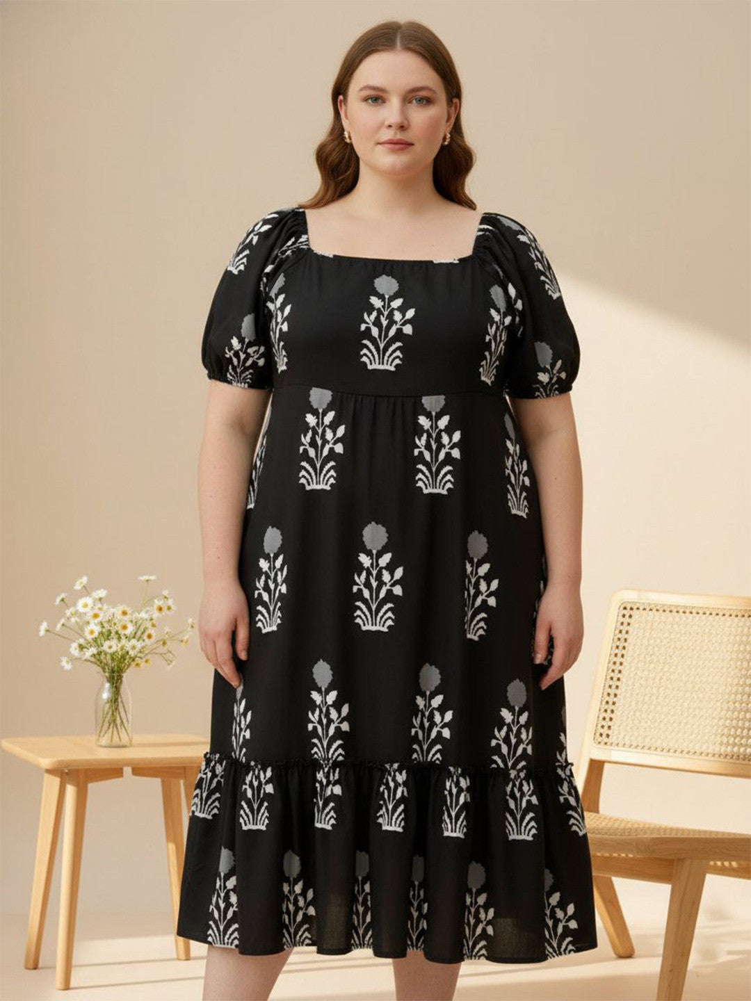 U&F Beyond Classic Black Floral Tiered Midi Dress