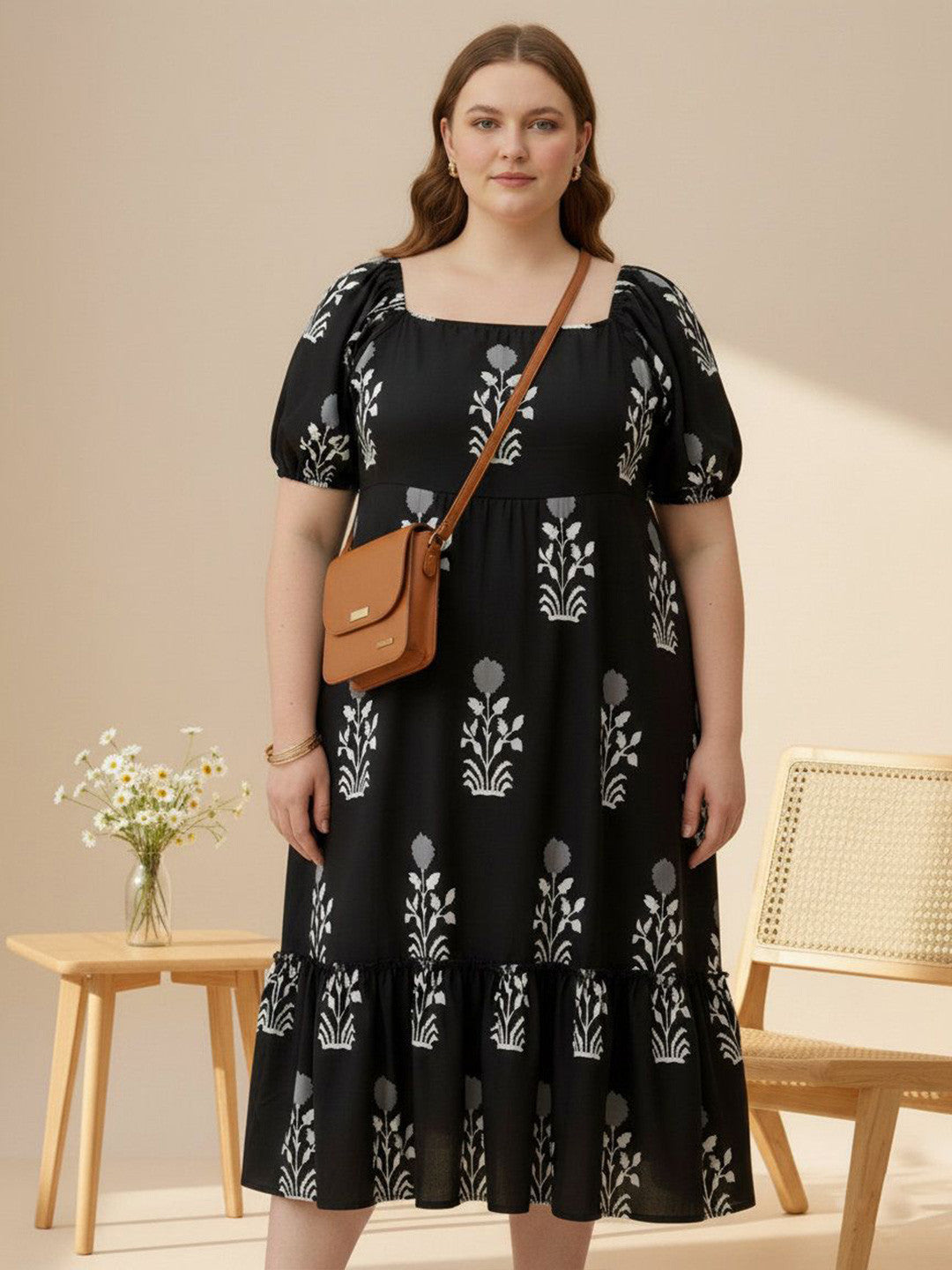 U&F Beyond Classic Black Floral Tiered Midi Dress