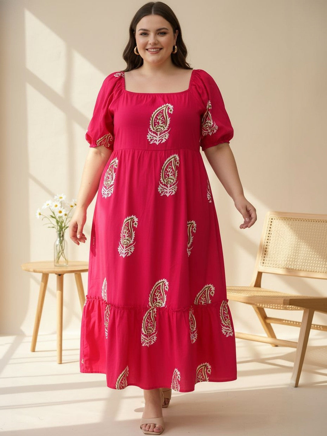 U&F Beyond Pink Print Puff Sleeve Fit & Flare Midi Dress