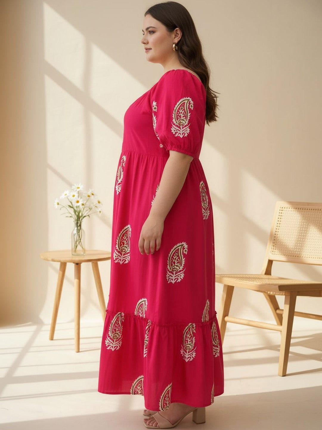 U&F Beyond Pink Print Puff Sleeve Fit & Flare Midi Dress