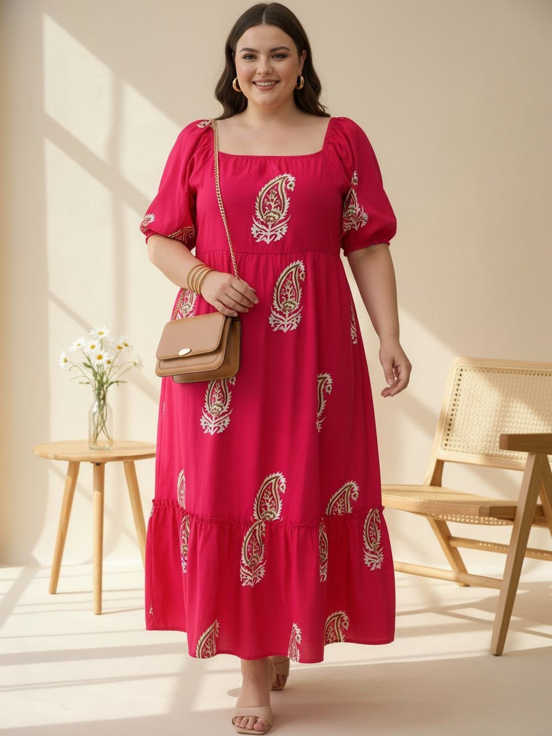 U&F Beyond Pink Print Puff Sleeve Fit & Flare Midi Dress