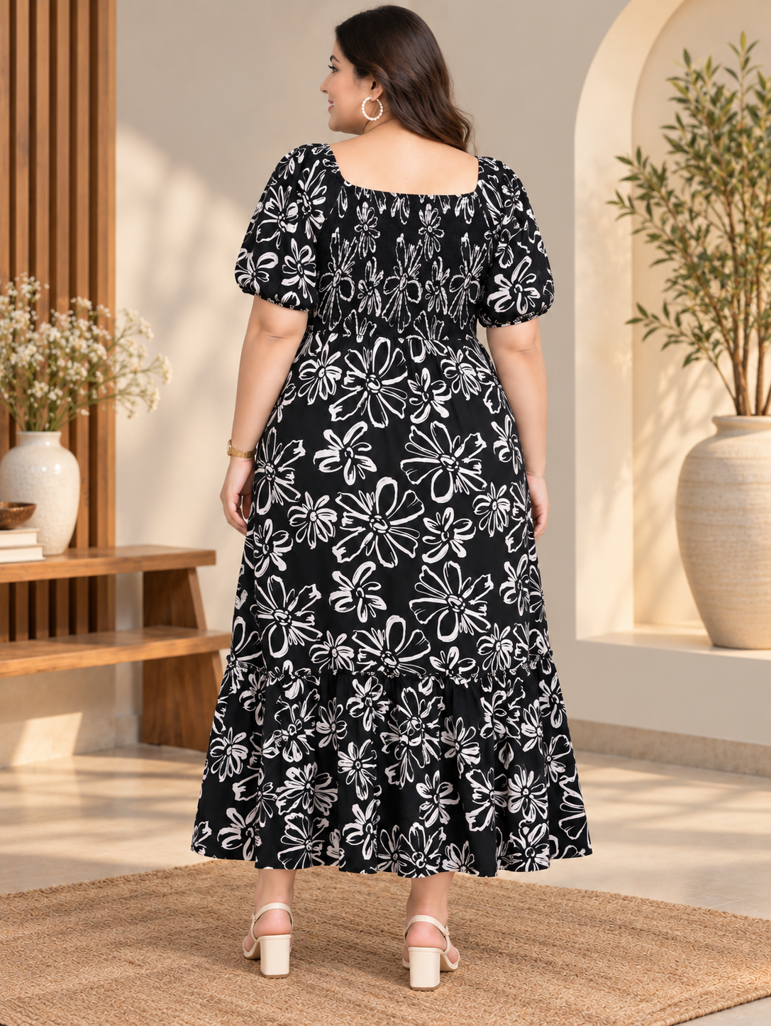 U&F Beyond Women Plus-Size Black & White Floral Print Square Neck Cotton Maxi Dress