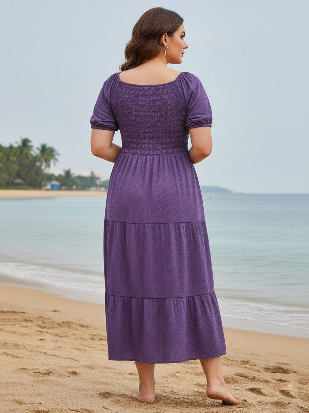 U&F Beyond Purple Solid Puff Sleeve A-Line Midi Dress