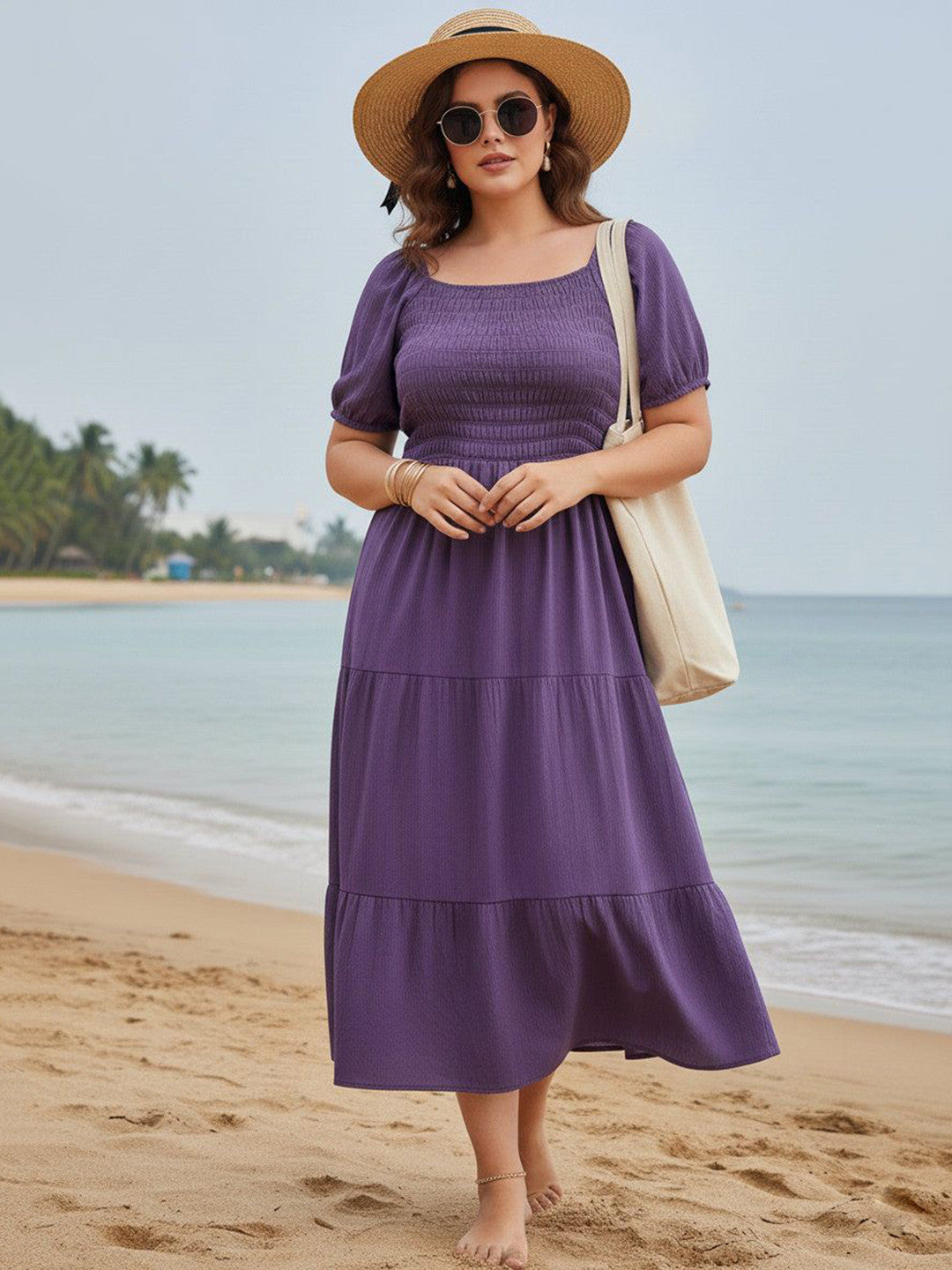 U&F Beyond Purple Solid Puff Sleeve A-Line Midi Dress