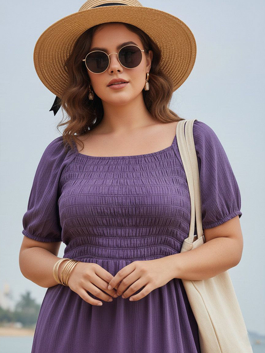 U&F Beyond Purple Solid Puff Sleeve A-Line Midi Dress