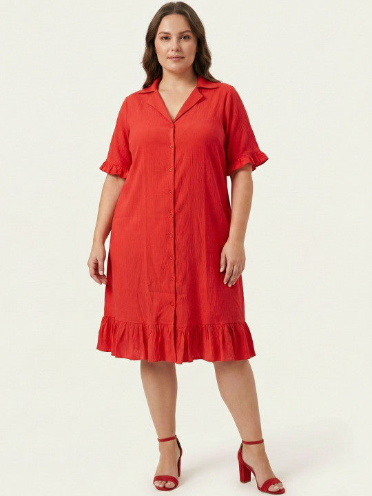 U&F Beyond Red Ruffle-Trim Button-Down Shirt Dress