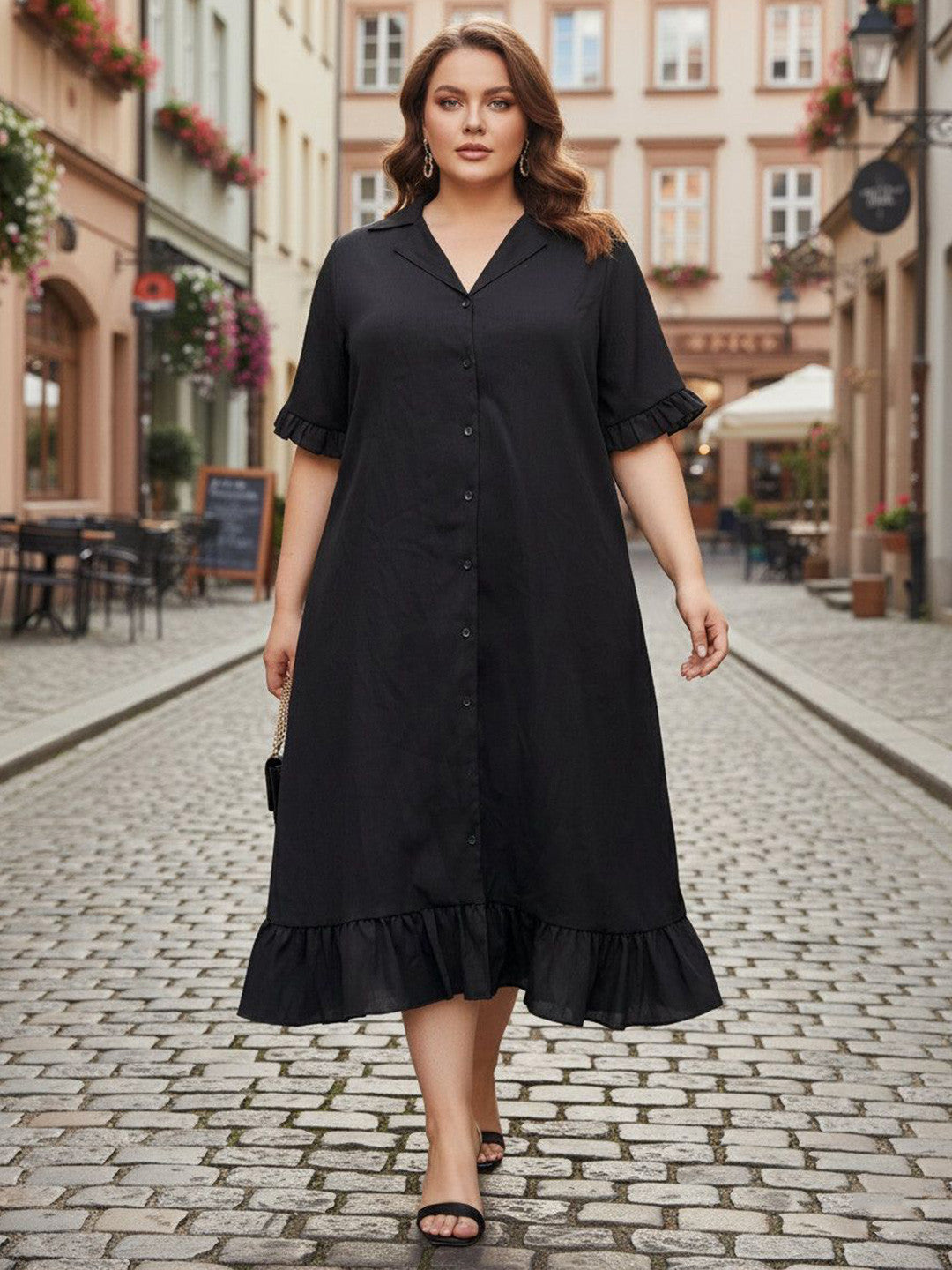 U&F Beyond Women Black Solid Flared Sleeve Ruffled Crepe Shirt Midi Dress