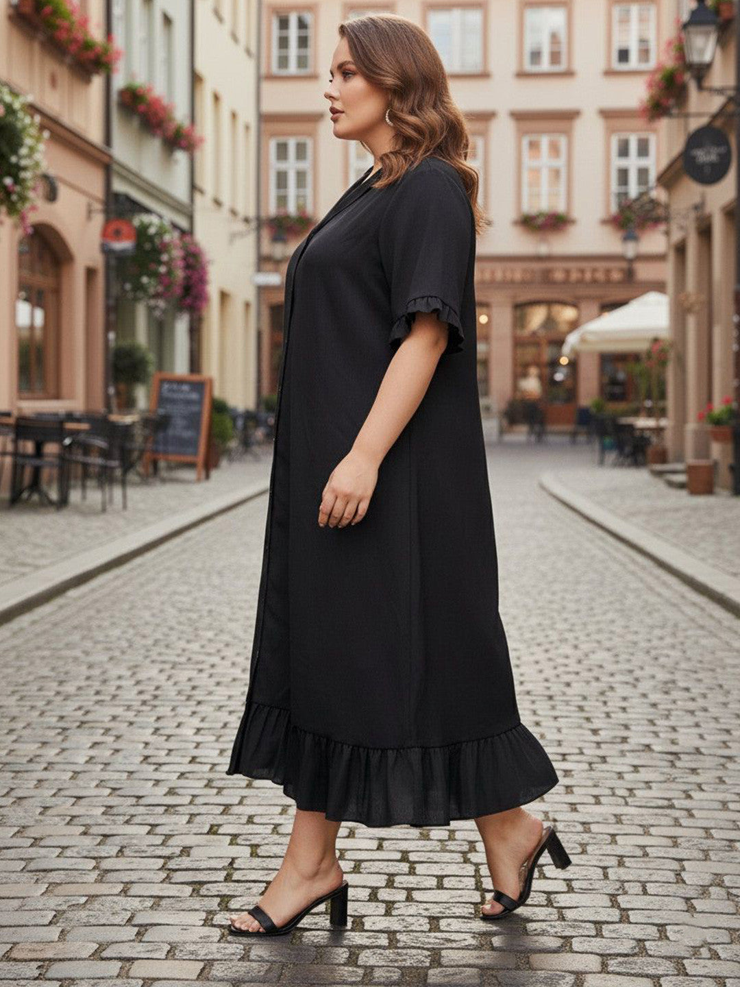 U&F Beyond Women Black Solid Flared Sleeve Ruffled Crepe Shirt Midi Dress