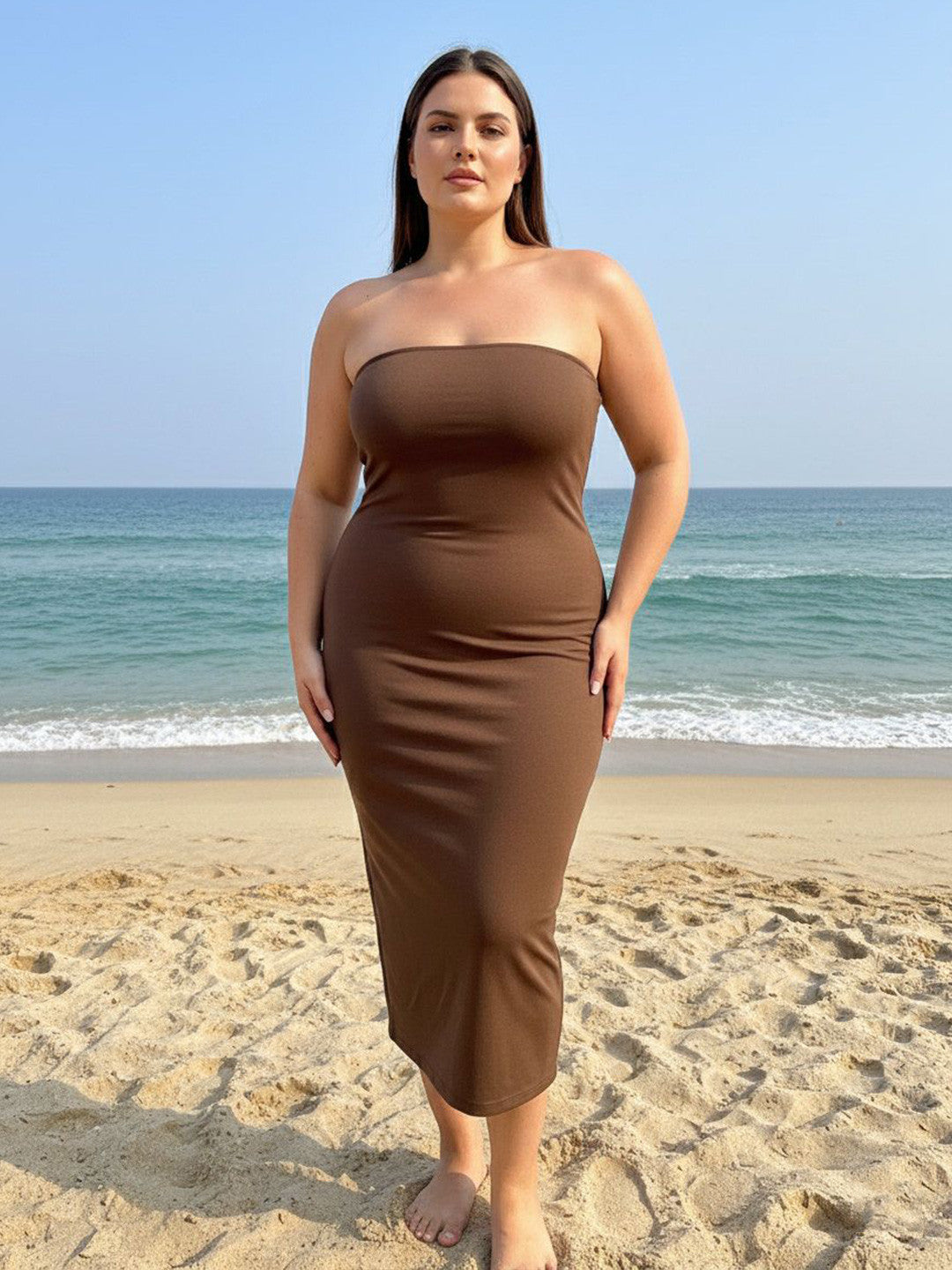 U&F Beyond Women Chocolate Brown Strapless Bodycon Midi Dress