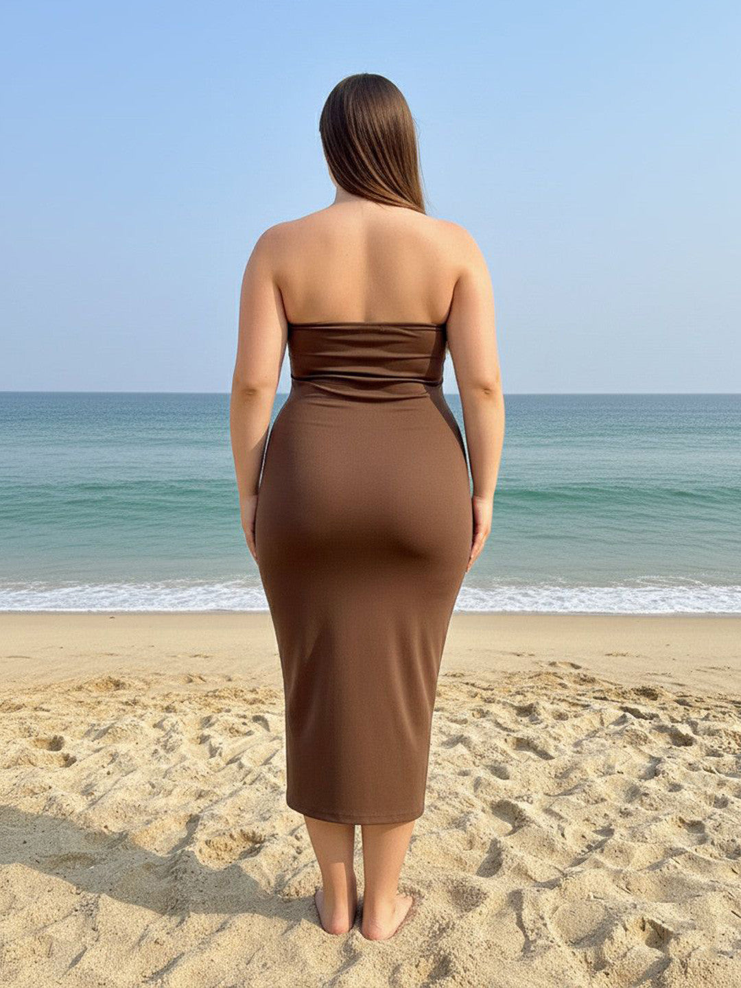U&F Beyond Women Chocolate Brown Strapless Bodycon Midi Dress