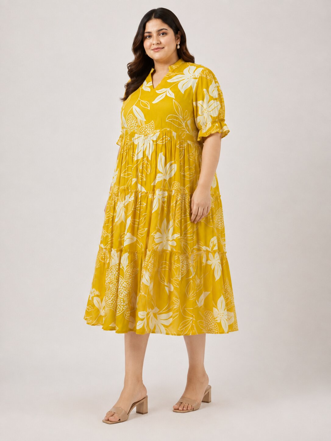 U&F Beyond Plus Size Cotton Yellow Floral Printed Tiered Midi Dress