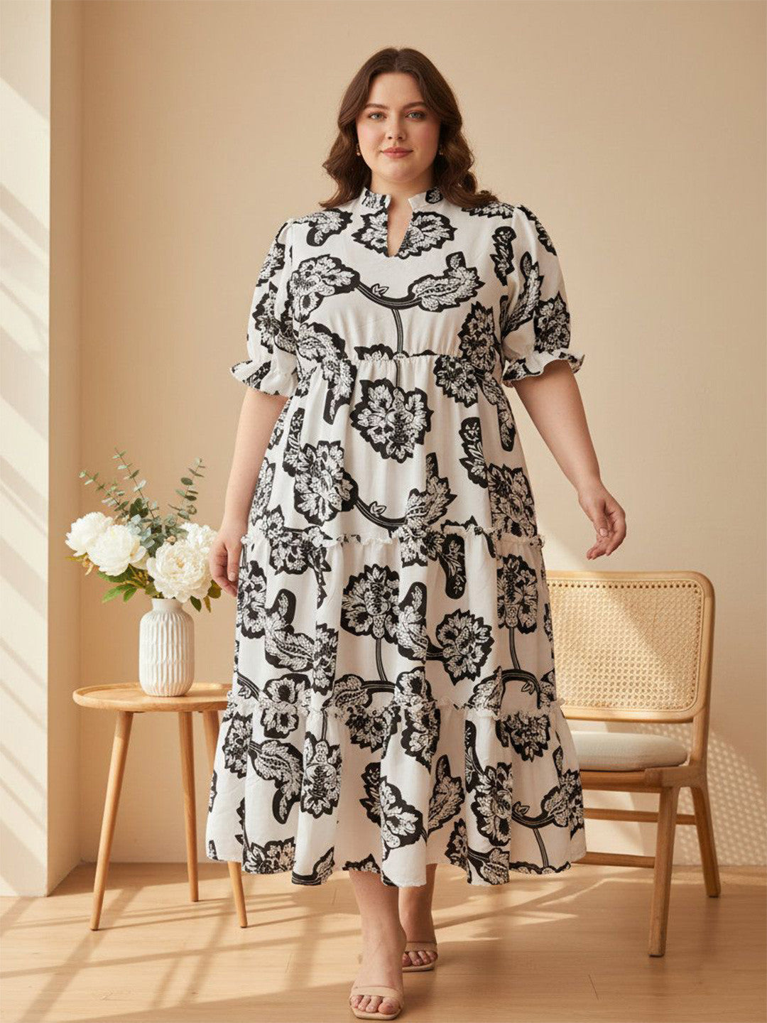 U&F Beyond Women White Monochrome Floral Tiered Midi Dress