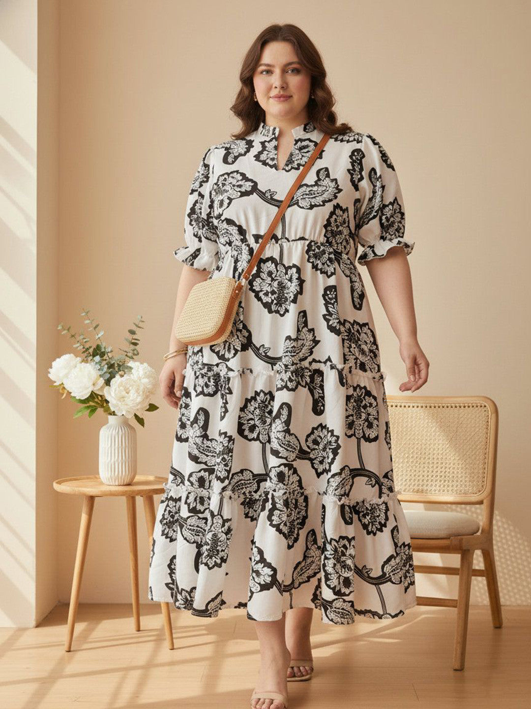 U&F Beyond Women White Monochrome Floral Tiered Midi Dress