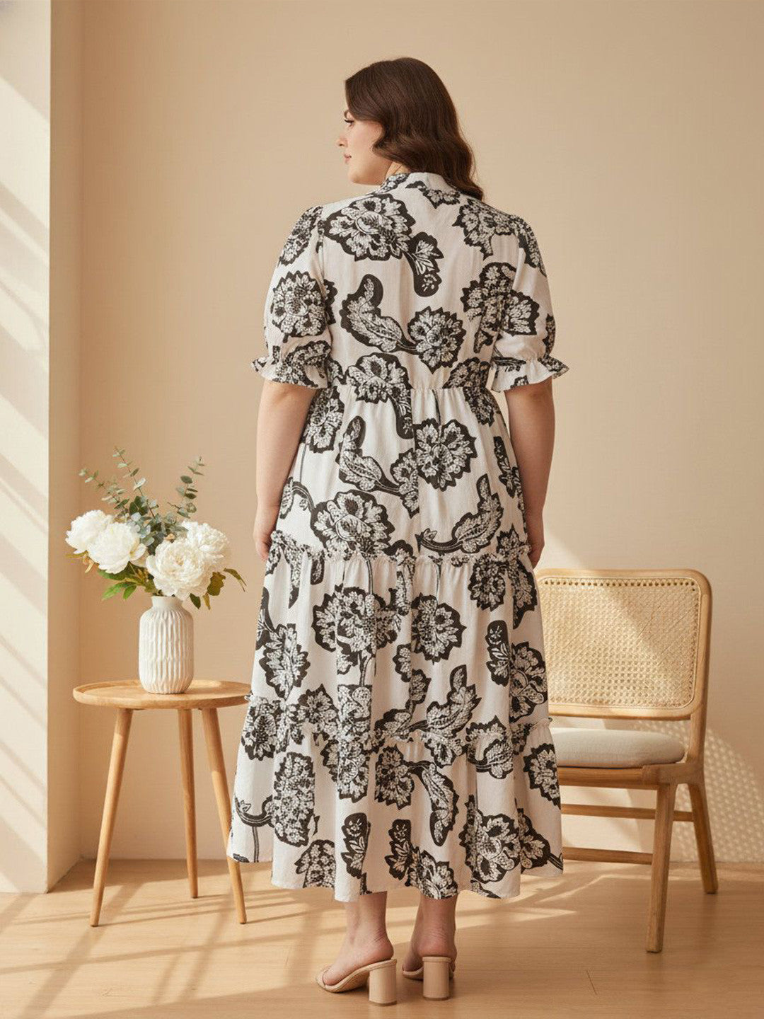 U&F Beyond Women White Monochrome Floral Tiered Midi Dress