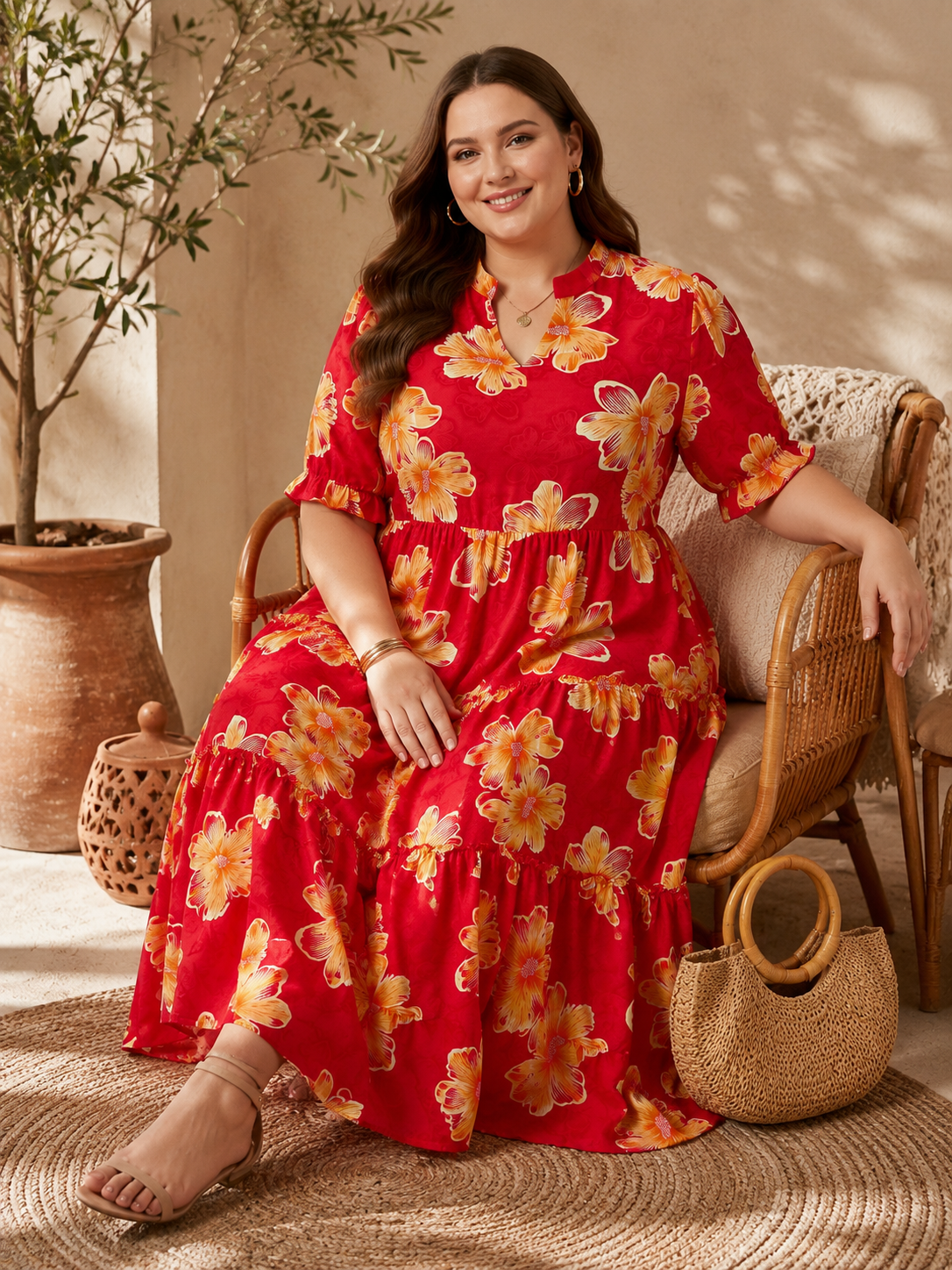 U&F Beyond Plus Size Red Floral Print Tiered Maxi Dress with Mandarin Neck and Ruffle Sleeves