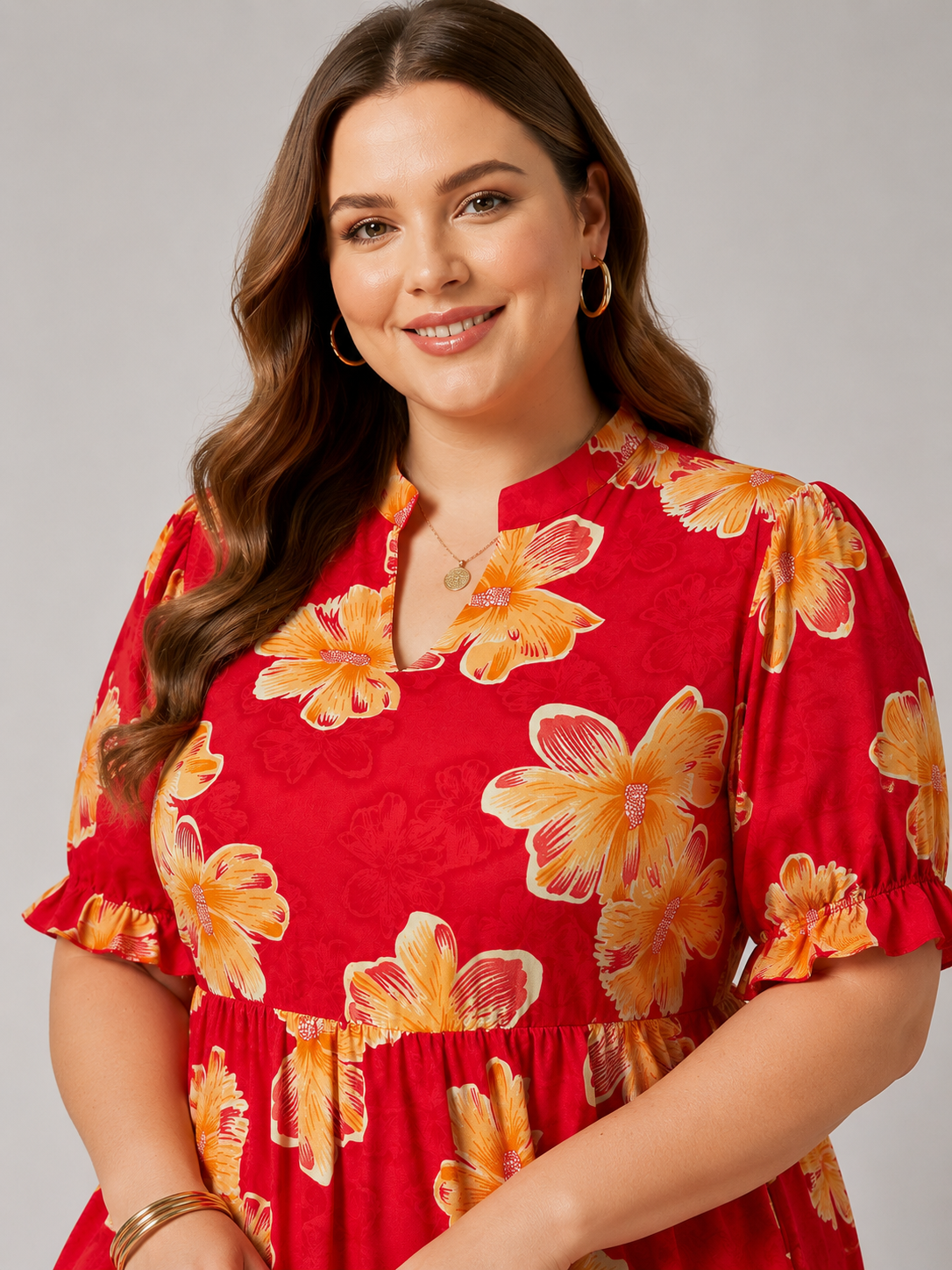 U&F Beyond Plus Size Red Floral Print Tiered Maxi Dress with Mandarin Neck and Ruffle Sleeves