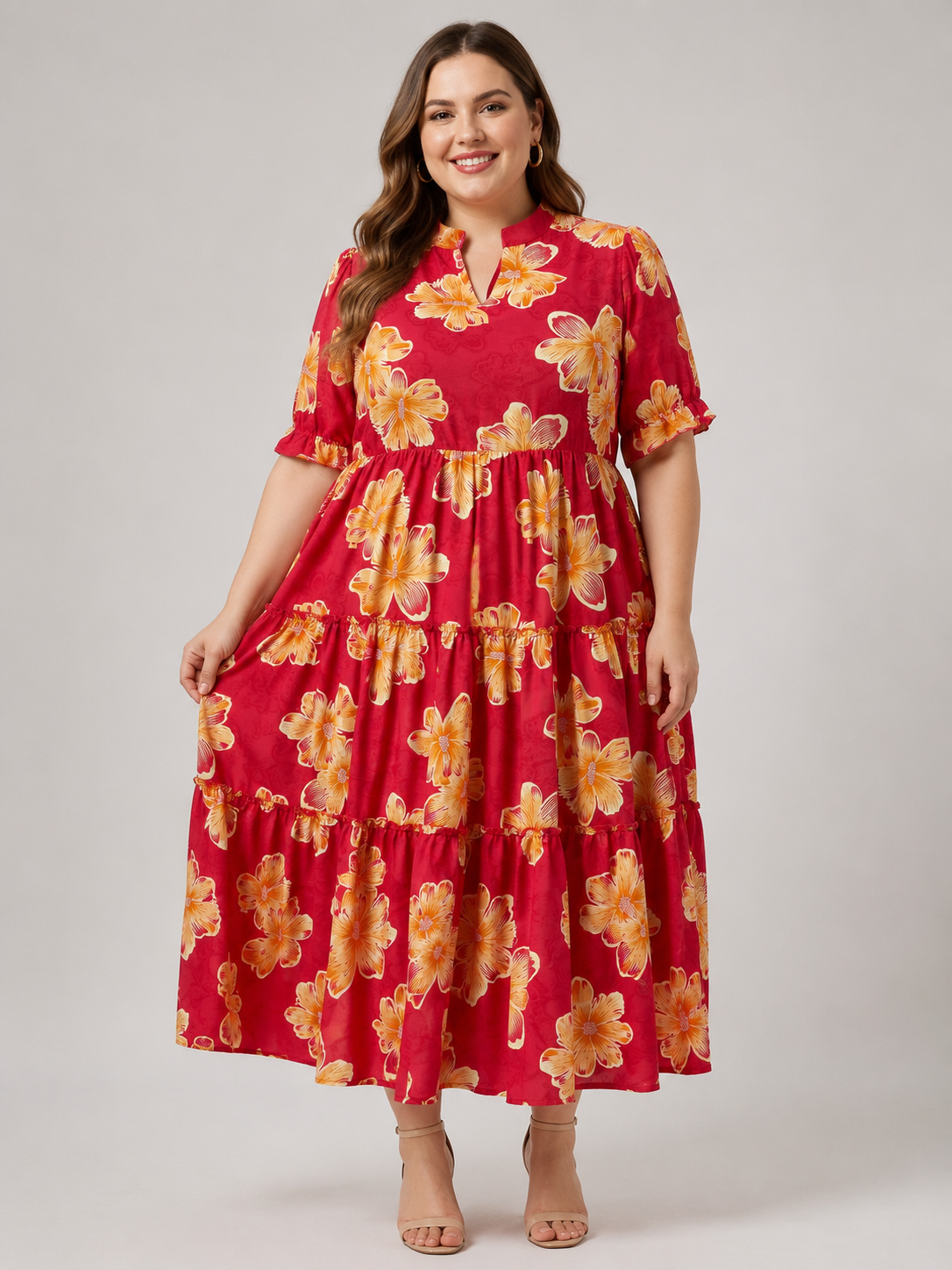 U&F Beyond Plus Size Red Floral Print Tiered Maxi Dress with Mandarin Neck and Ruffle Sleeves