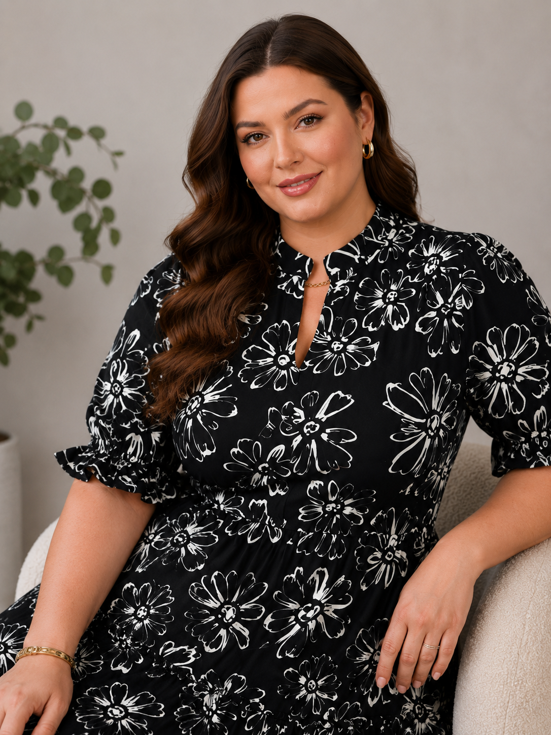 U&F Beyond Plus Size Black Maxi Dress with Mandarin Neck and Ruffle Sleeves