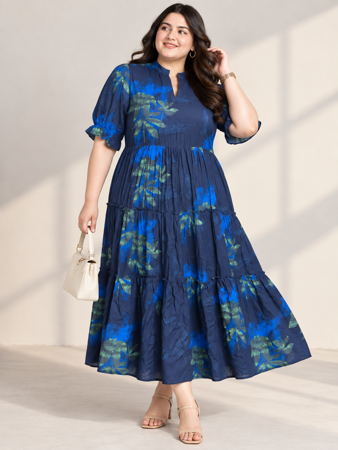 U&F Beyond 100% Cotton Plus Size Indigo Floral Cascade Maxi Dress