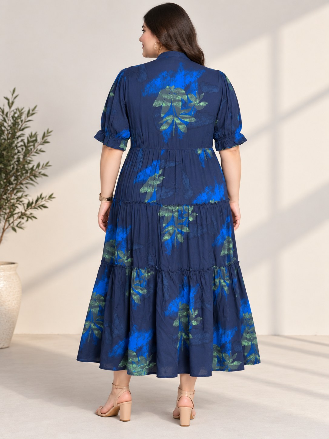 U&F Beyond 100% Cotton Plus Size Indigo Floral Cascade Maxi Dress