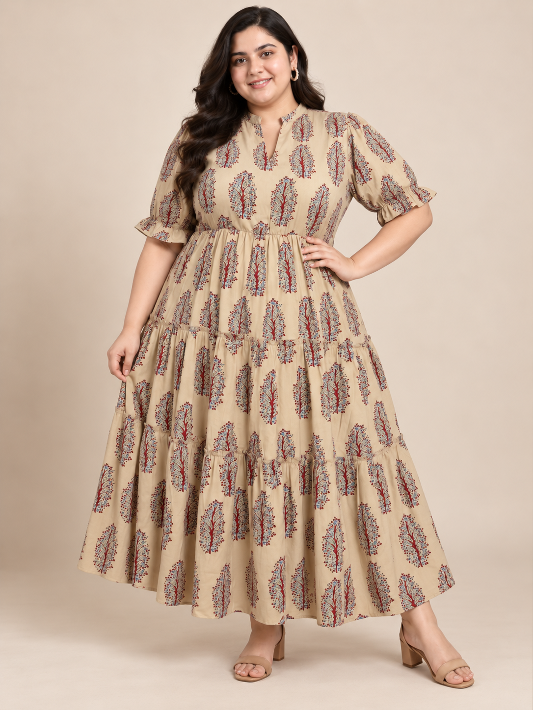 U&F Beyond 100% Cotton Plus Size Beige Botanical Block Print Tiered Midi Dress