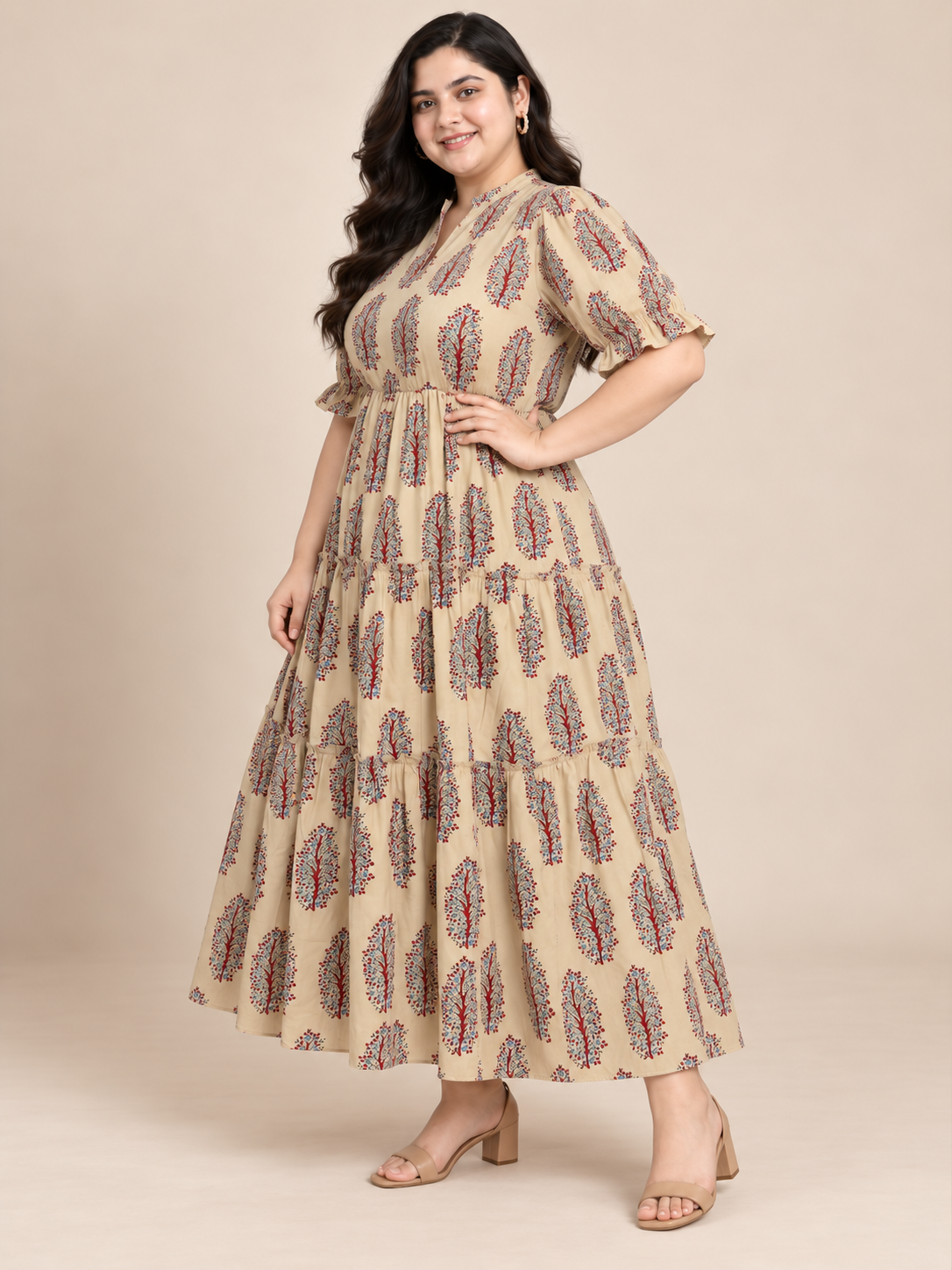 U&F Beyond 100% Cotton Plus Size Beige Botanical Block Print Tiered Midi Dress