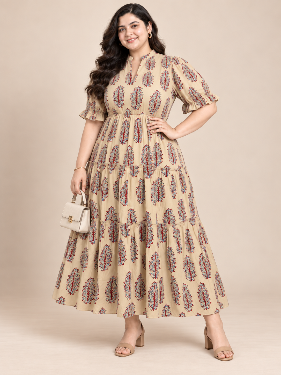 U&F Beyond 100% Cotton Plus Size Beige Botanical Block Print Tiered Midi Dress