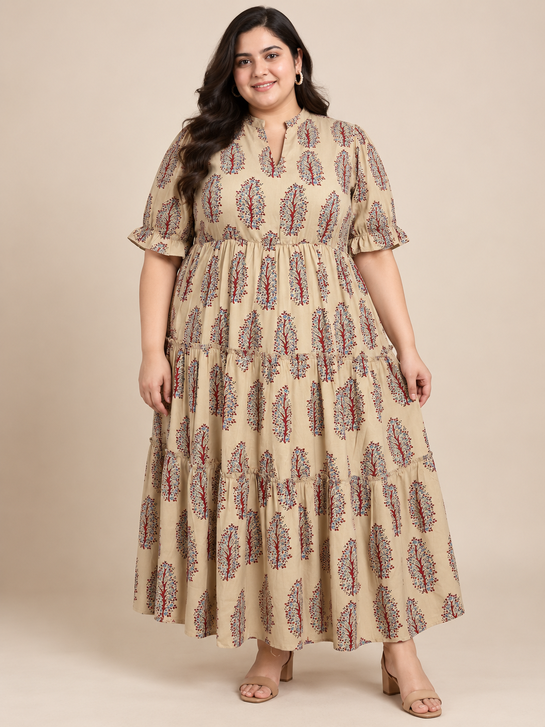 U&F Beyond 100% Cotton Plus Size Beige Botanical Block Print Tiered Midi Dress