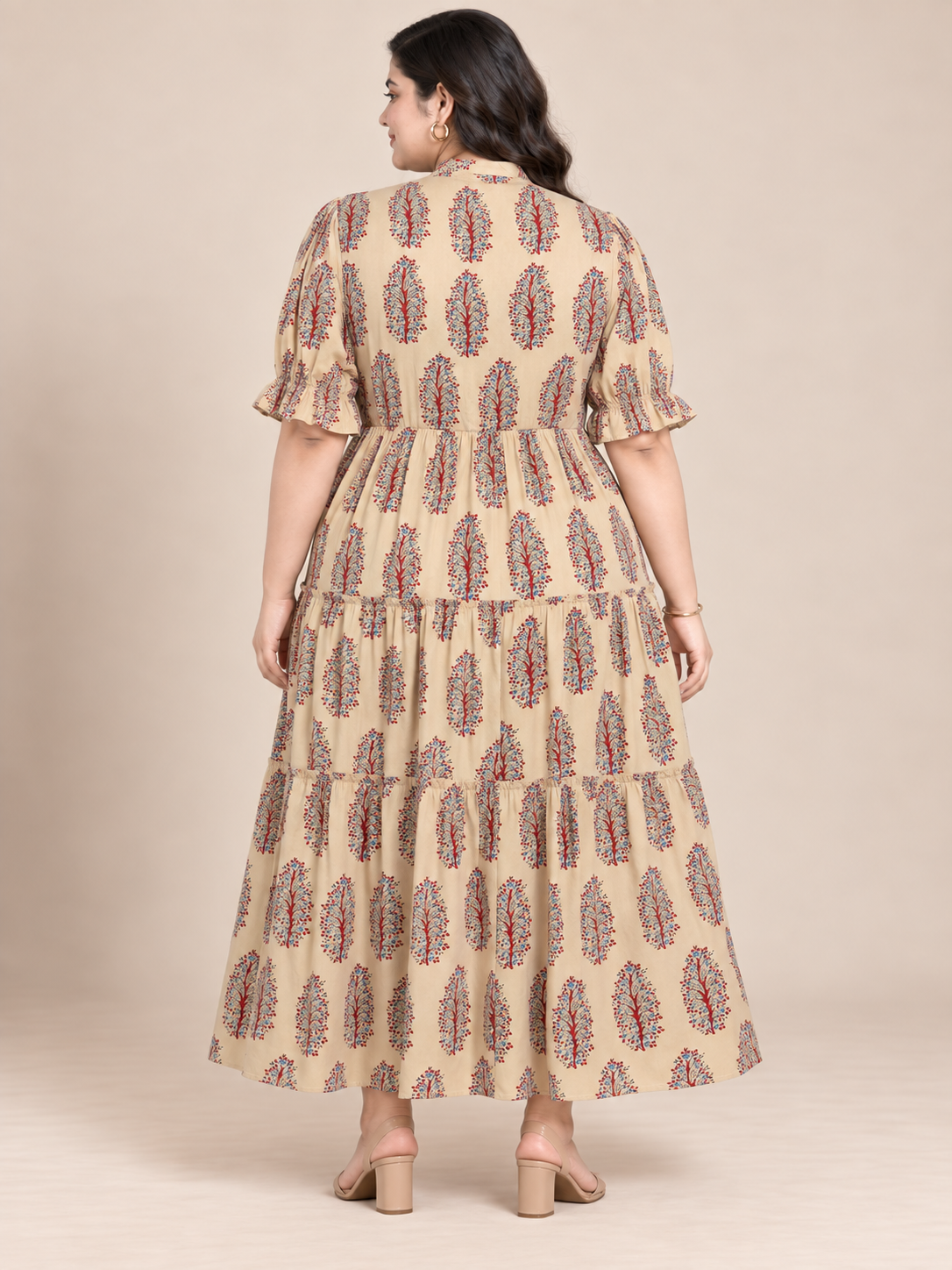 U&F Beyond 100% Cotton Plus Size Beige Botanical Block Print Tiered Midi Dress