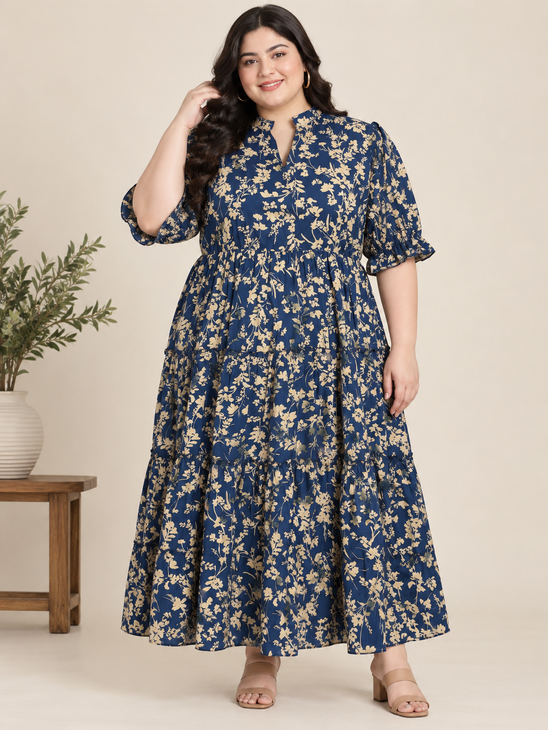 U&F Beyond 100% Cotton Navy Blue Plus Size Floral Print Tiered Midi Dress