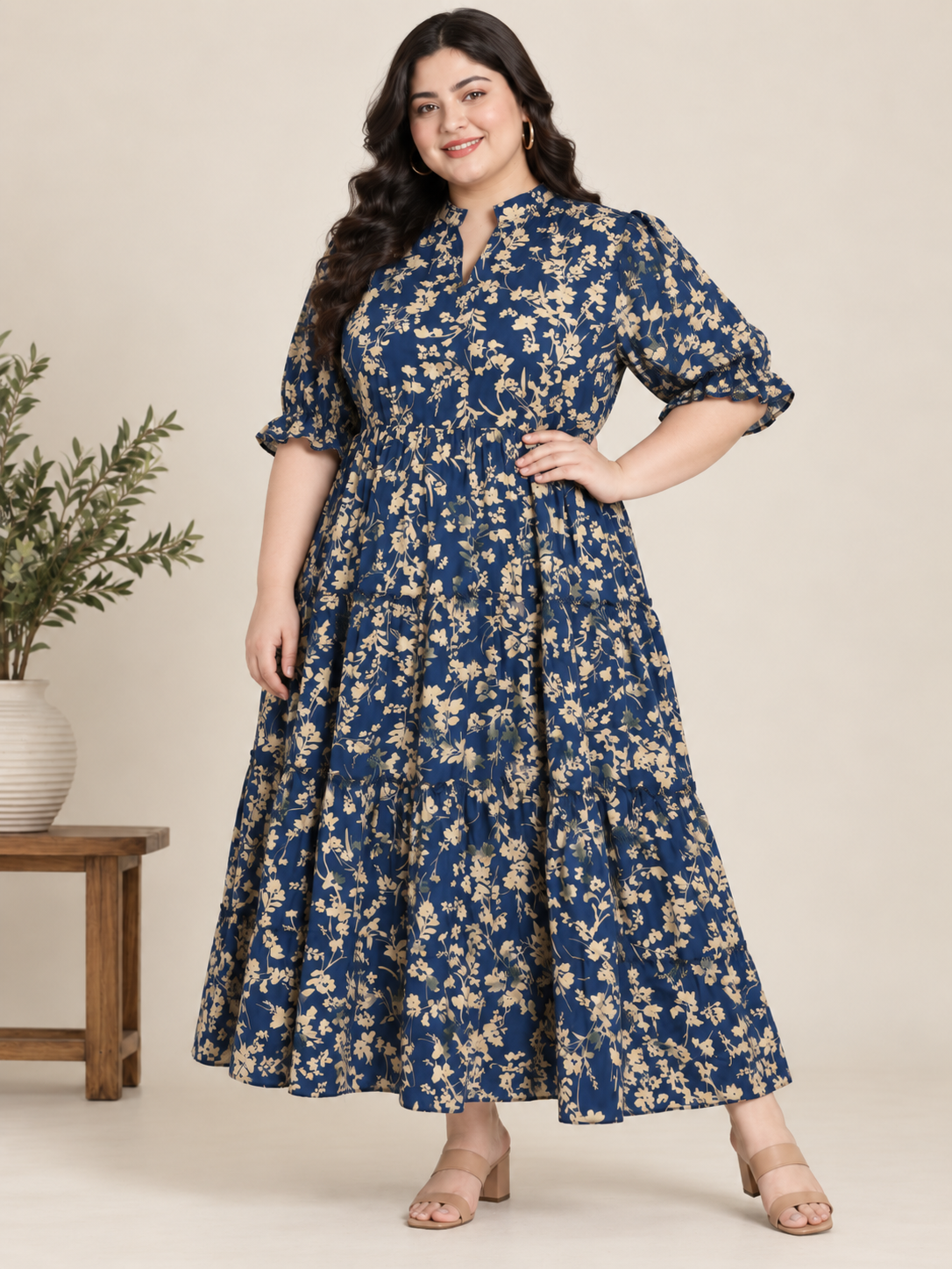 U&F Beyond 100% Cotton Navy Blue Plus Size Floral Print Tiered Midi Dress