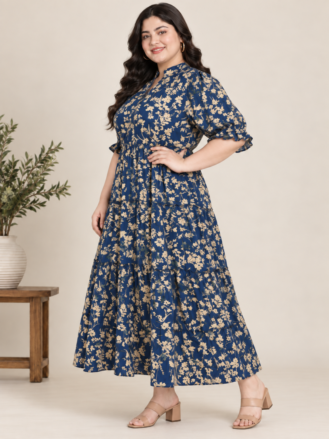 U&F Beyond 100% Cotton Navy Blue Plus Size Floral Print Tiered Midi Dress