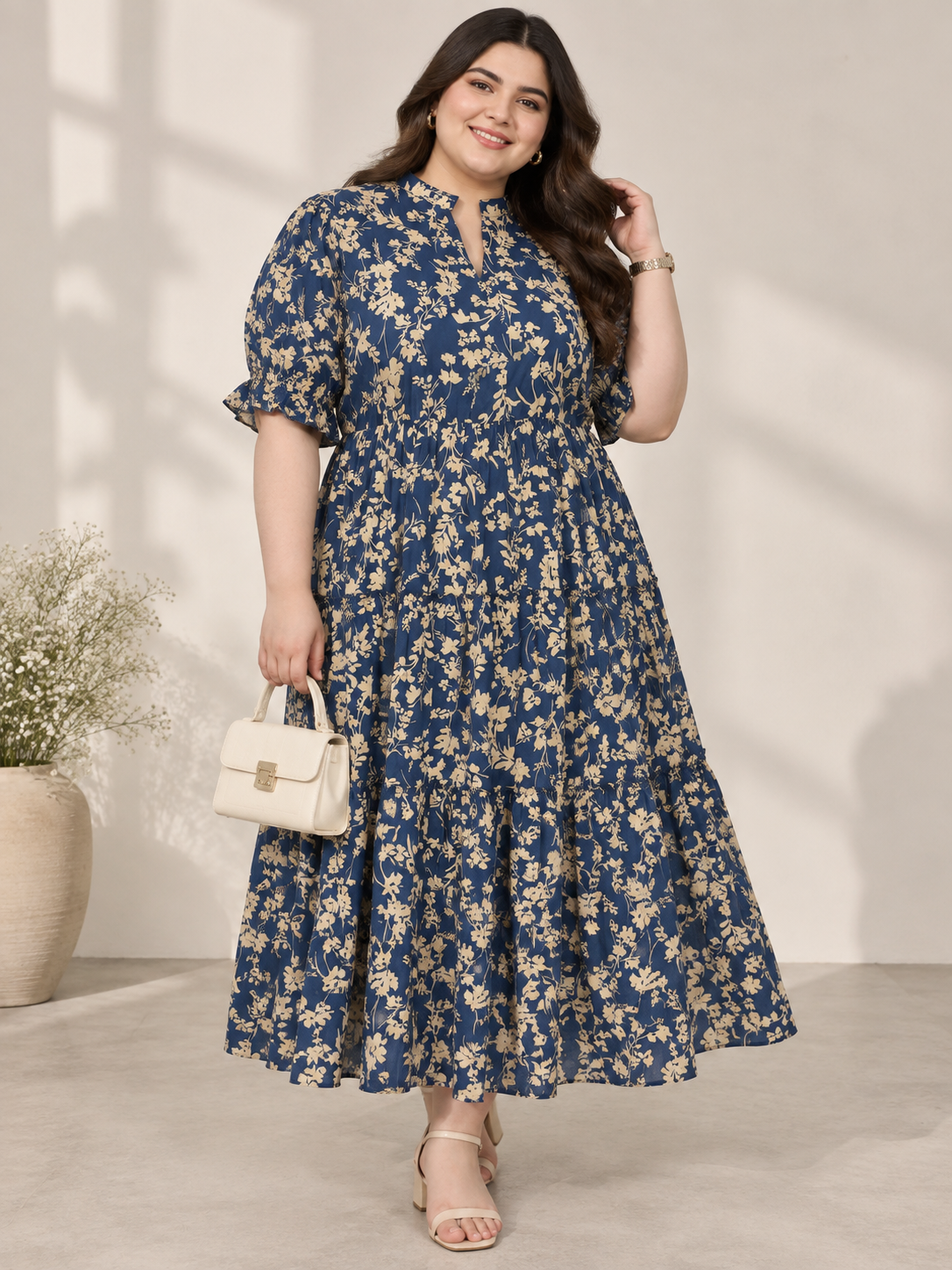 U&F Beyond 100% Cotton Navy Blue Plus Size Floral Print Tiered Midi Dress